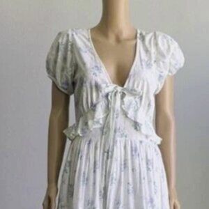 Women's Dress - Pockets, S/S, White, Green and Blue Flowers, V Neck side Zip